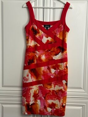NueVa Size 10 Sleeveless Red & Pink Watercolor Midi Bandage Style Sheath Dress